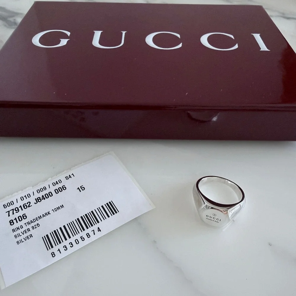 Gucci Sterling Silver Trademark Plate Band Ring 779162, Sz 15 (US 7.25)